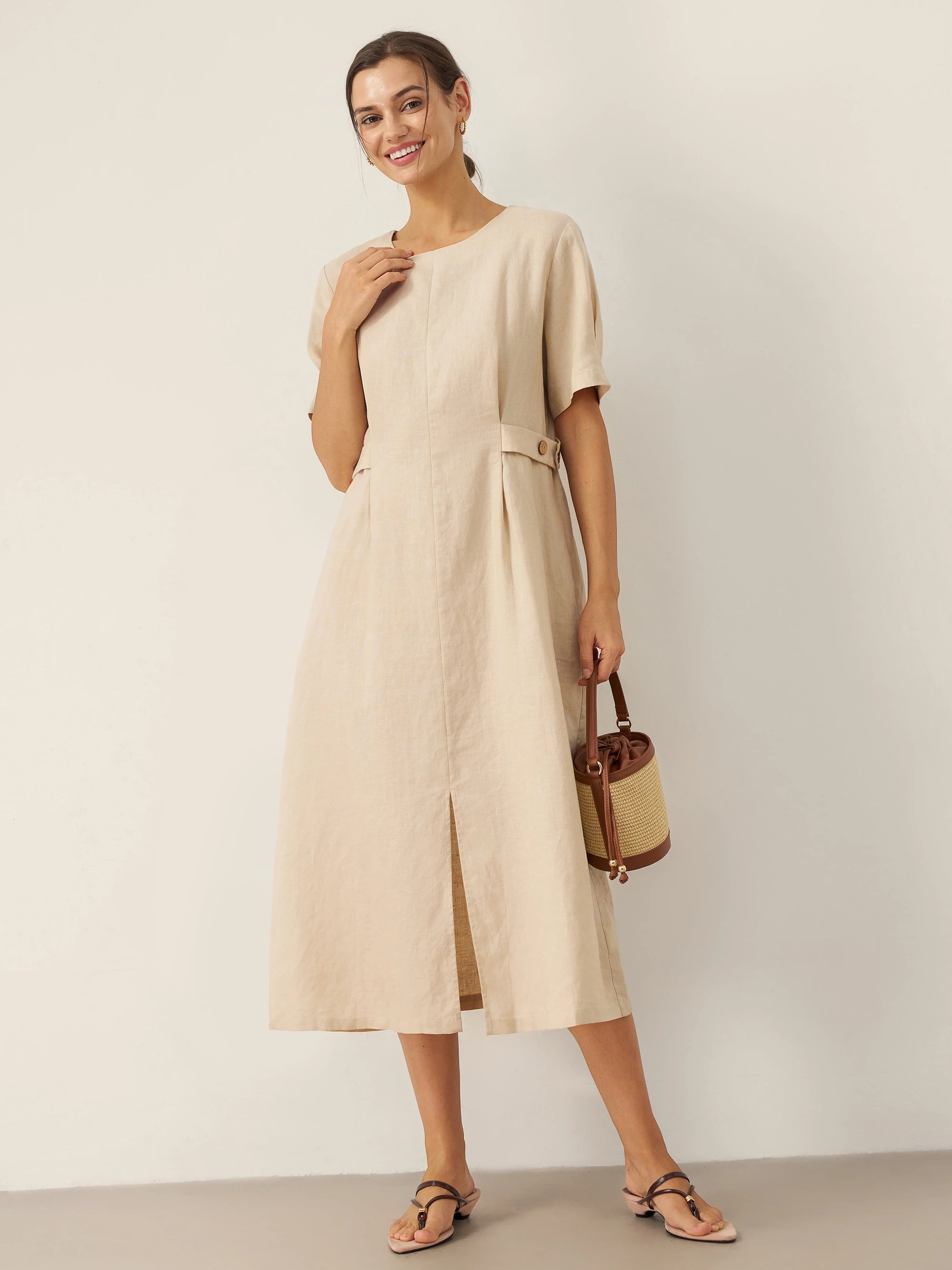 100% Linen Round Neck Button-Tie Maxi Dress XANDRA