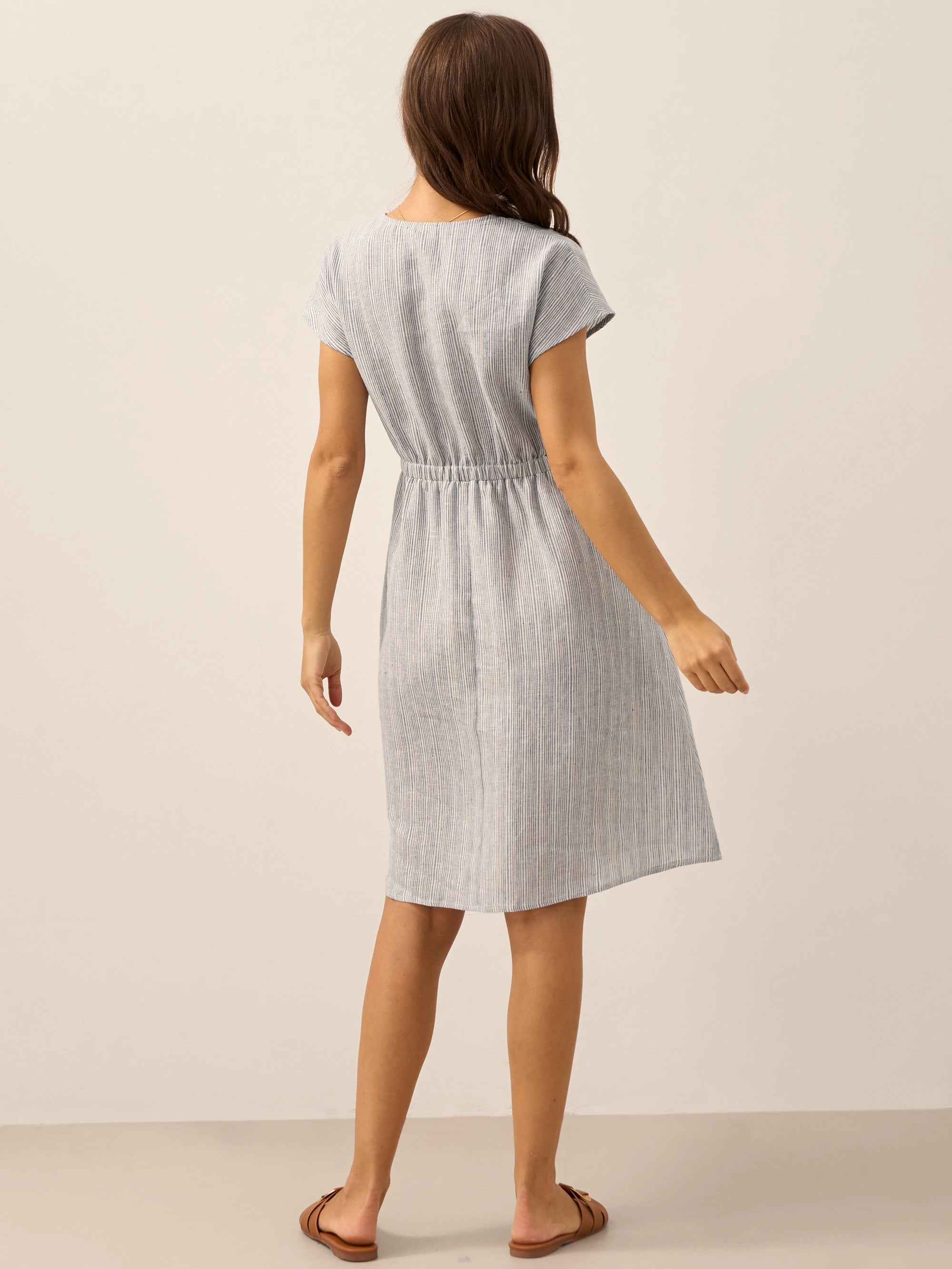 100% Linen Striped Elastic-Waist Midi Dress ARIA
